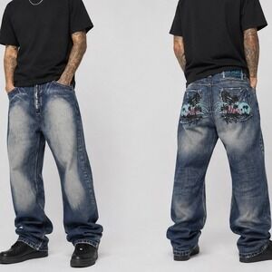 Vintage 90s y2k baggy streetwear akademiks denim jeans colorblock embroidery 34